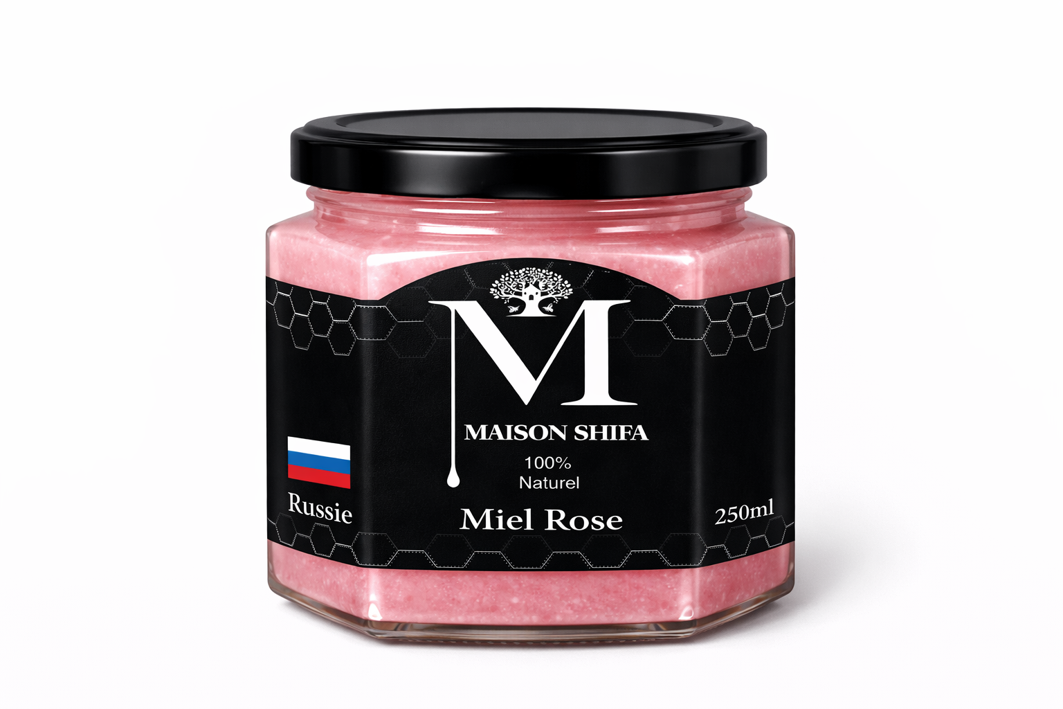6d8b040f48684e6fca0375324e4b5cf40b9b74a21830a8621ad8c250613a6af2 Miel rose à l'extrait de rose de Russie (Sibérie) - 250g – Image 1
